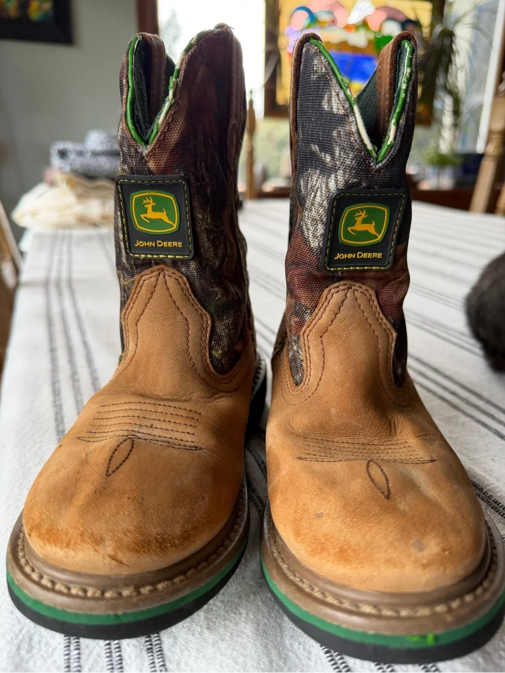 John Deere Tan Leather & Camo Kids Pull-On Boots with Green Trim,Boys 1.5